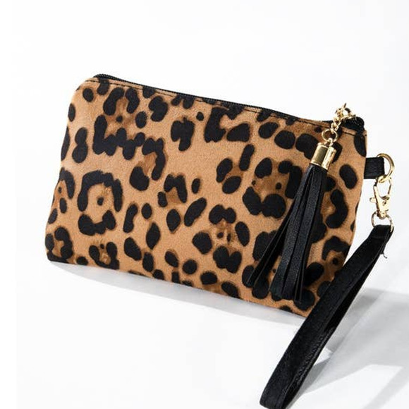 Boutique Handbags - Animal Leopard Print Zip Top Tassel Wristlet Clutch Womens Accessory Bag